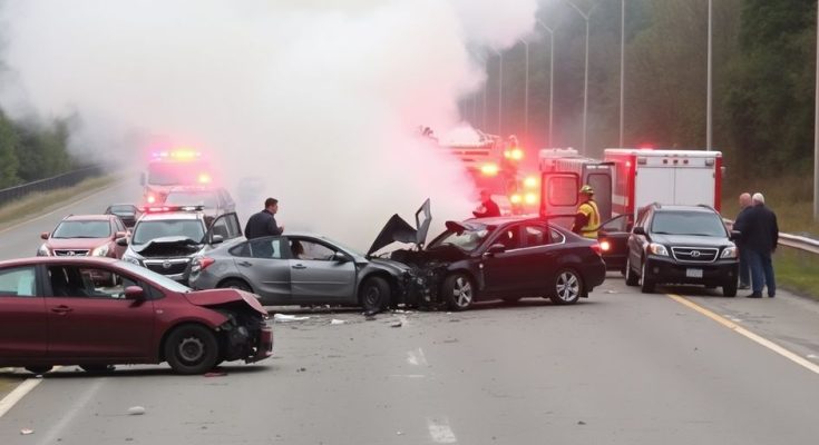 Voitures accidentées sur une route avec des fumées.