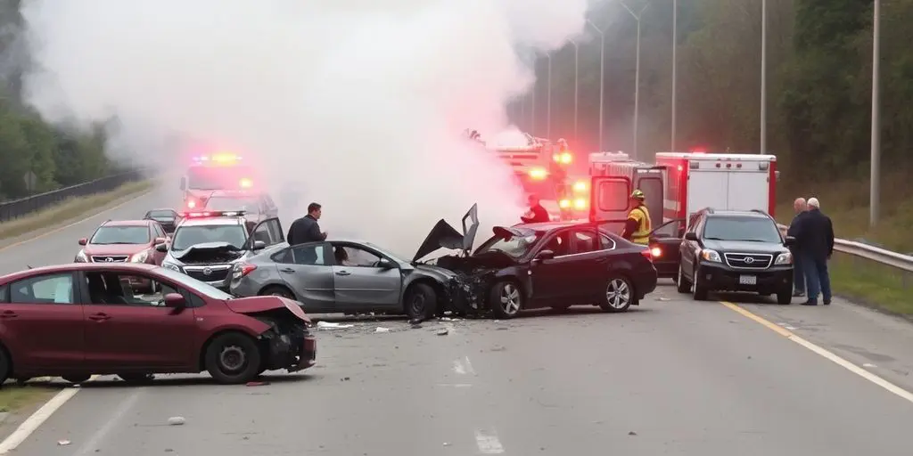 Voitures accidentées sur une route avec des fumées.