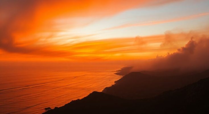 Ciel orangé avec fumée au-dessus de la côte française.