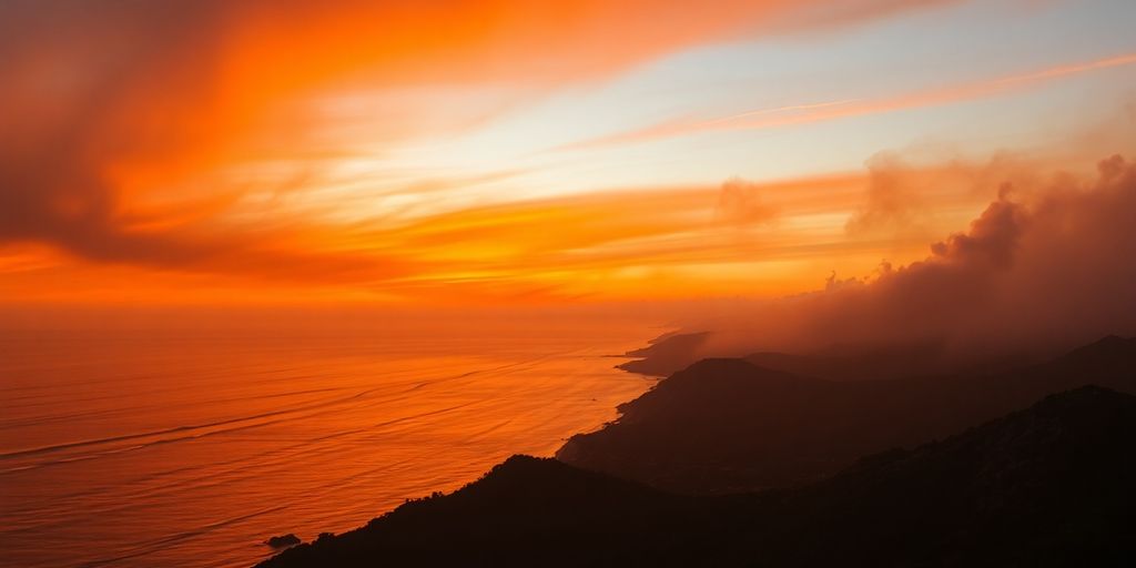 Ciel orangé avec fumée au-dessus de la côte française.