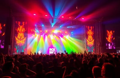 Scène de festival animée avec des lumières vives et une foule enthousiaste.