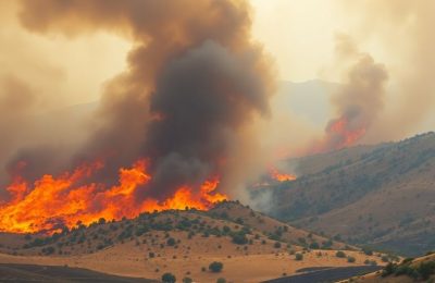 Incendie de forêt dévastateur en Espagne, fumée épaisse dans le ciel.