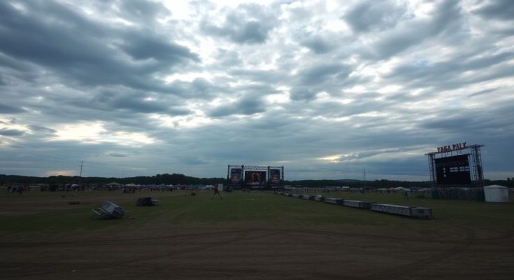 Scène vide de festival sous un ciel sombre.