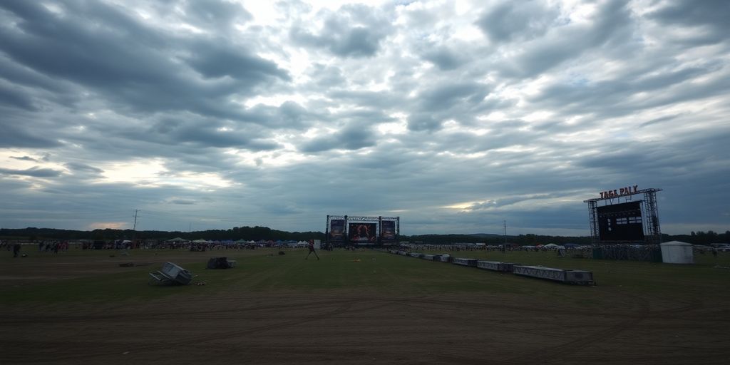 Scène vide de festival sous un ciel sombre.