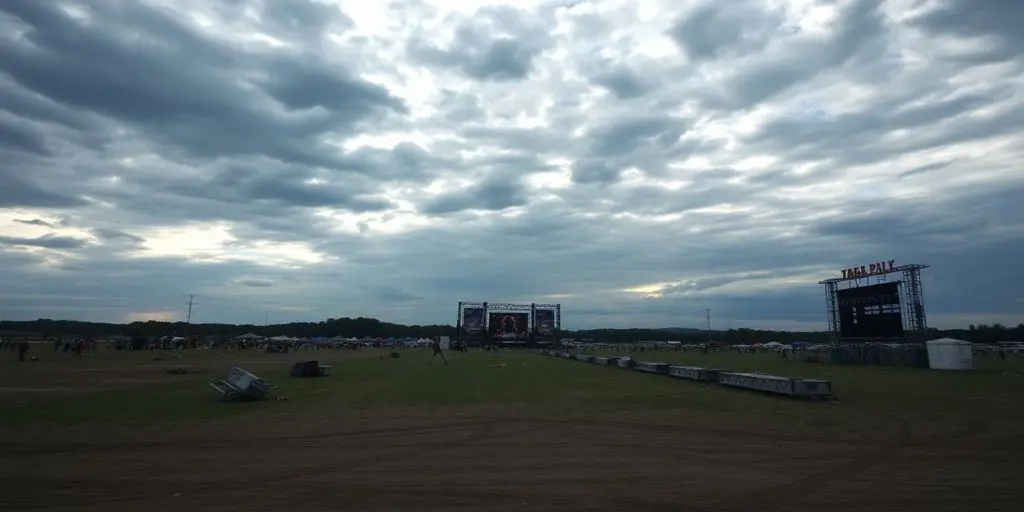 Scène vide de festival sous un ciel sombre.
