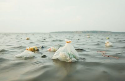 Des sacs plastiques flottent dans l'eau trouble près d'une côte.