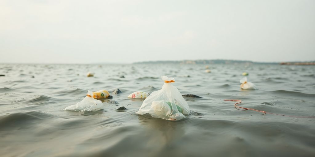 Des sacs plastiques flottent dans l'eau trouble près d'une côte.