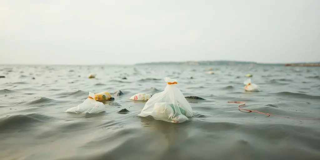 Des sacs plastiques flottent dans l'eau trouble près d'une côte.