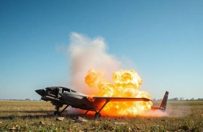Drone russe détruit au-dessus d'un champ.