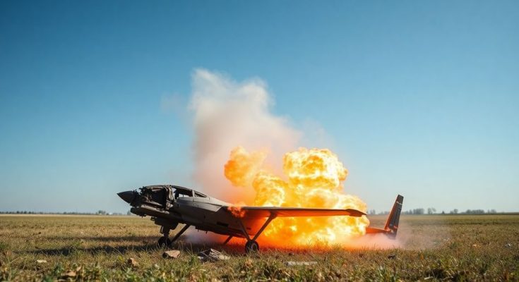 Drone russe détruit au-dessus d'un champ.