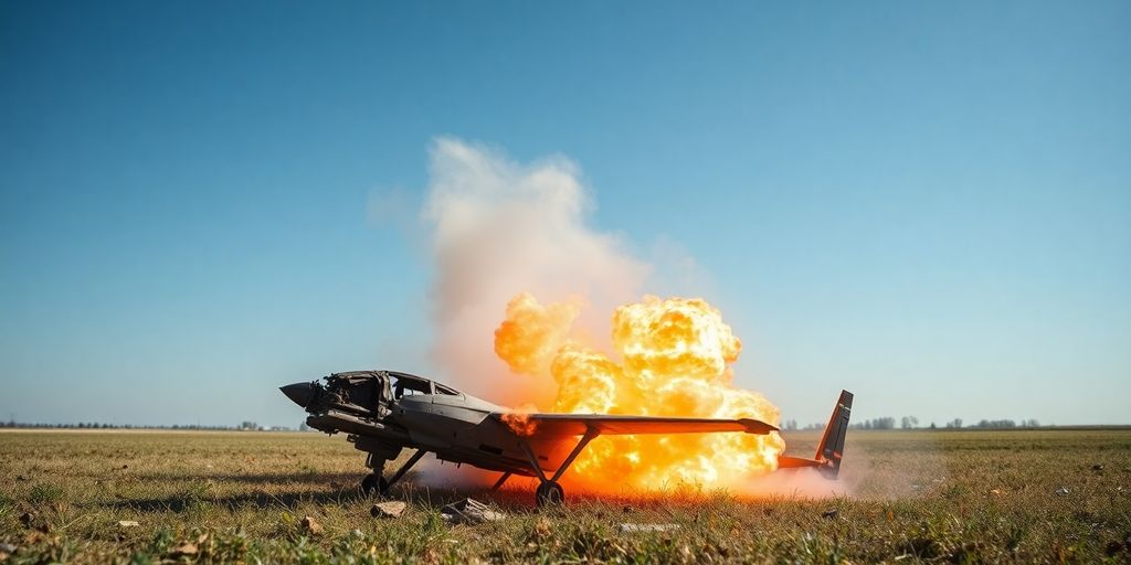 Drone russe détruit au-dessus d'un champ.
