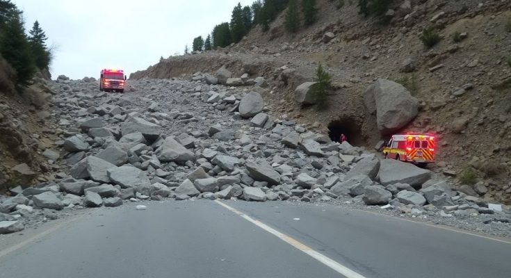 Éboulement sur route de montagne avec débris