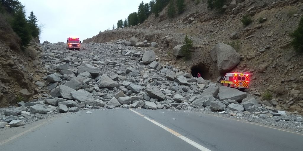 Éboulement sur route de montagne avec débris