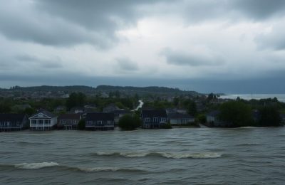 Eau montant près d'une ville côtière.