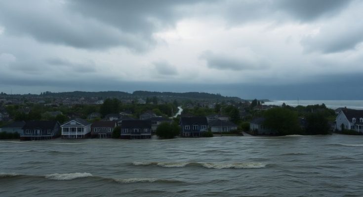 Eau montant près d'une ville côtière.