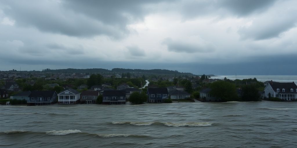 Eau montant près d'une ville côtière.