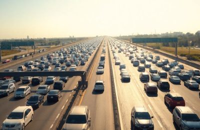 Voiture sur une autoroute bondée en plein soleil.