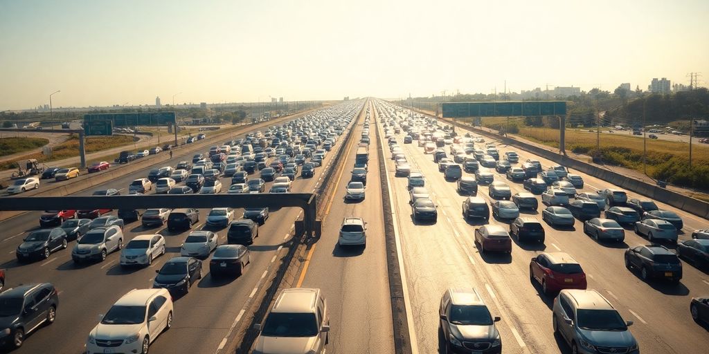 Voiture sur une autoroute bondée en plein soleil.