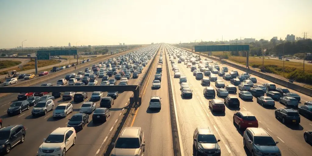 Voiture sur une autoroute bondée en plein soleil.