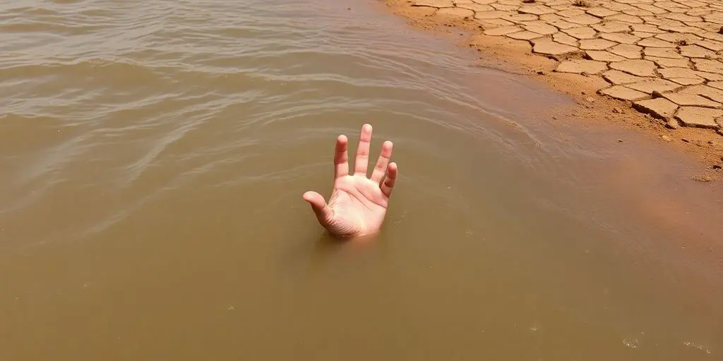 Enfant pleurant au bord d'une rivière agitée.