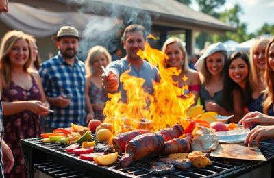 Grillade d'été avec famille et amis sous le soleil.