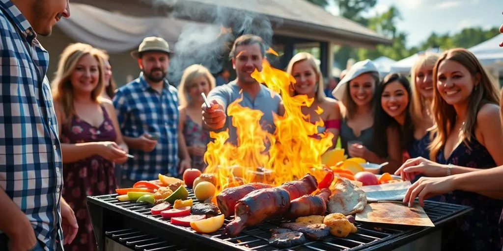 Grillade d'été avec famille et amis sous le soleil.