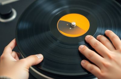 Un jeune homme tient un disque vinyle coloré.
