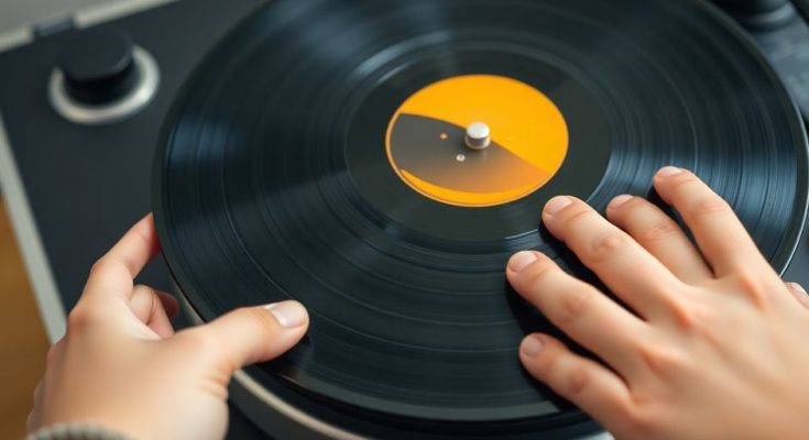 Un jeune homme tient un disque vinyle coloré.