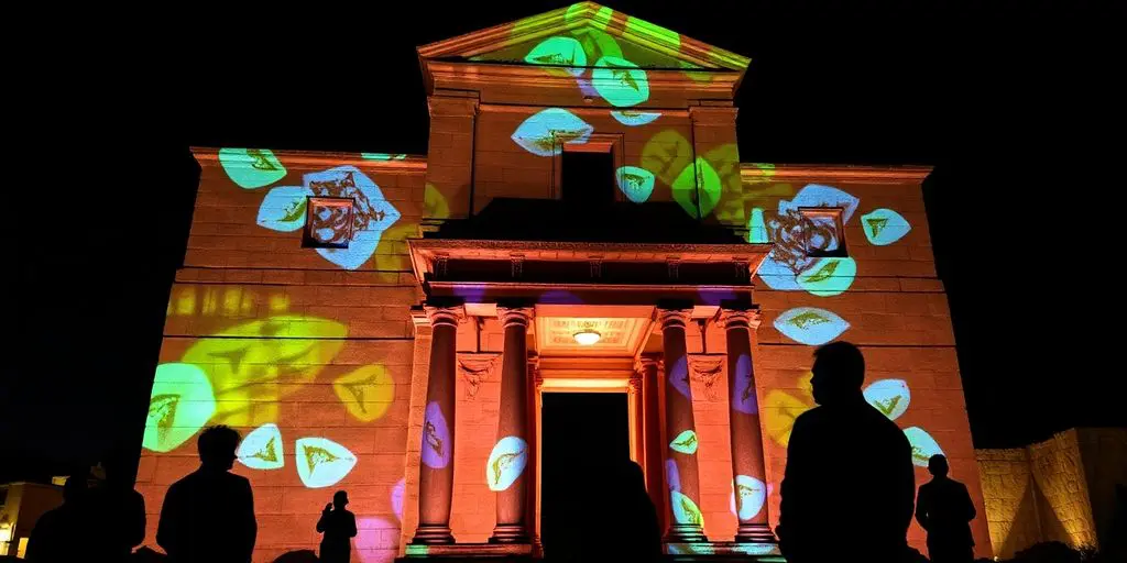 Monument historique illuminé par des projections lumineuses, entouré de visiteurs.