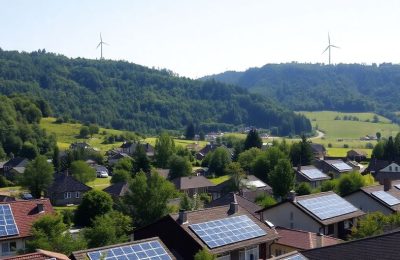Panneaux solaires et éoliennes dans un village verdoyant.