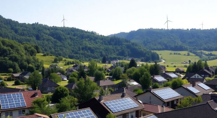 Panneaux solaires et éoliennes dans un village verdoyant.