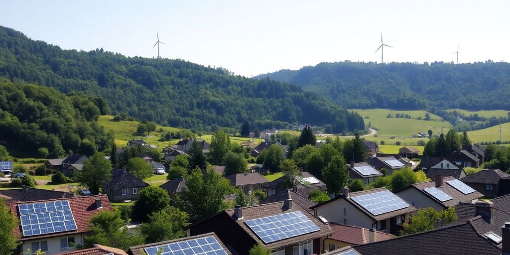 Panneaux solaires et éoliennes dans un village verdoyant.