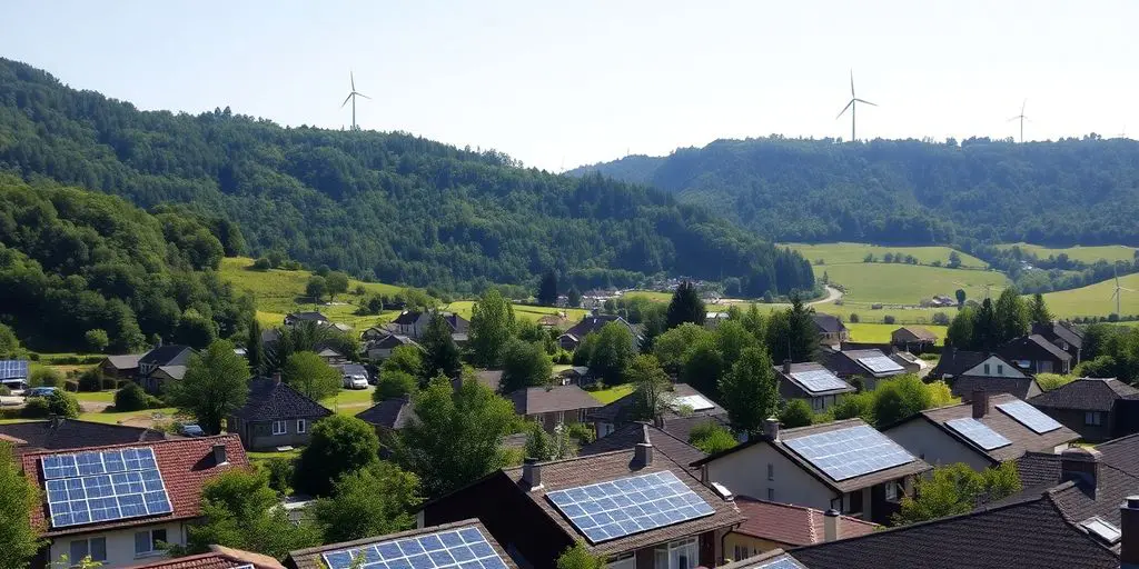 Panneaux solaires et éoliennes dans un village verdoyant.