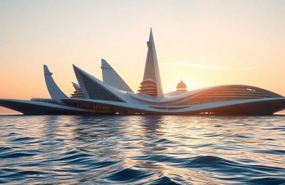 Villes flottantes futuristes sur une mer calme, soleil levant.