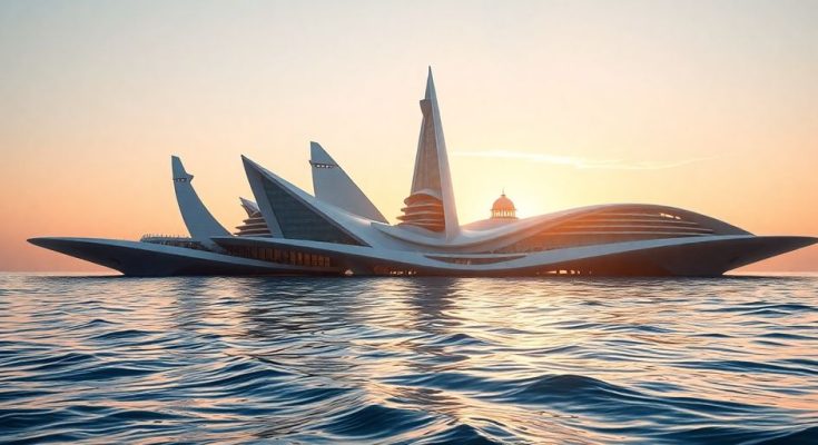 Villes flottantes futuristes sur une mer calme, soleil levant.