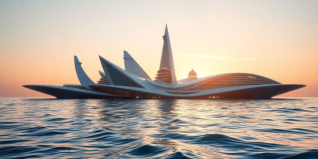 Villes flottantes futuristes sur une mer calme, soleil levant.