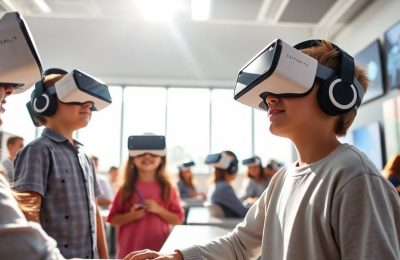 Élèves dans une salle de classe avec des casques de réalité virtuelle.