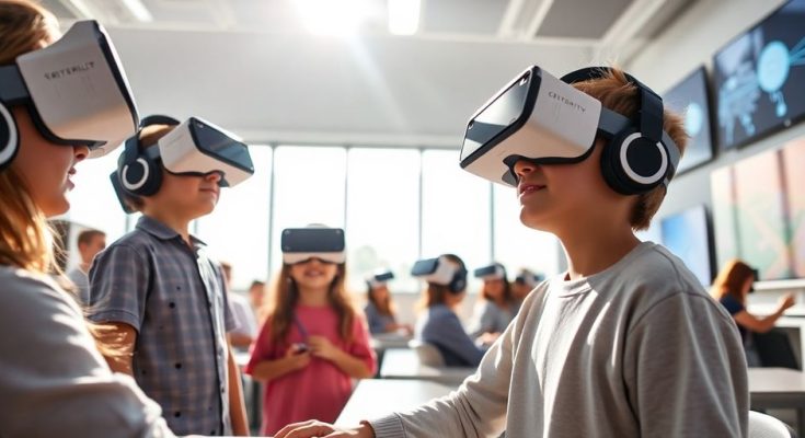 Élèves dans une salle de classe avec des casques de réalité virtuelle.