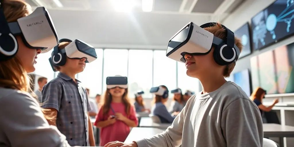 Élèves dans une salle de classe avec des casques de réalité virtuelle.