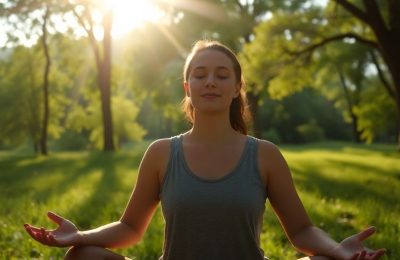 Personne méditant paisiblement dans un paysage naturel.