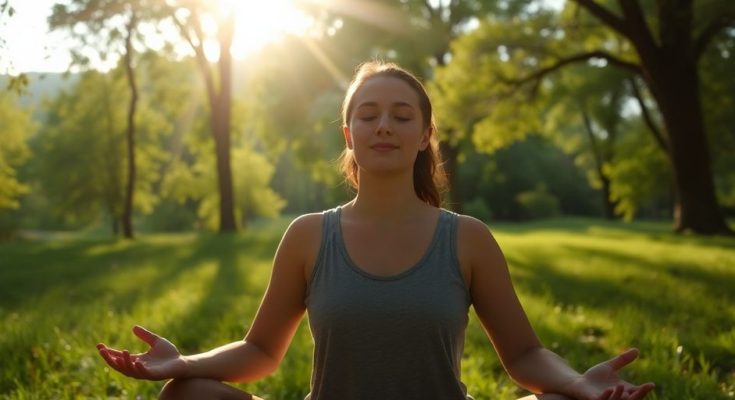 Personne méditant paisiblement dans un paysage naturel.