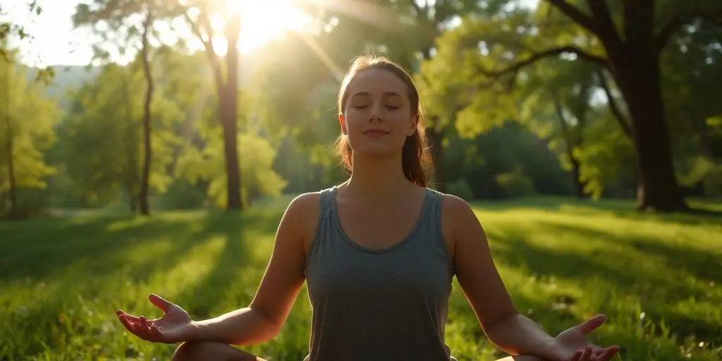 Personne méditant paisiblement dans un paysage naturel.