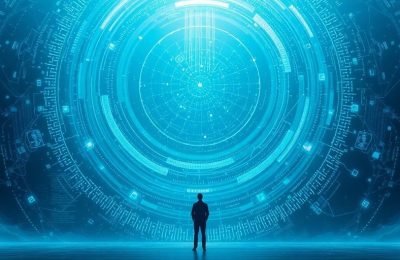 Un homme contemplant un paysage futuriste de la technologie et de la société.