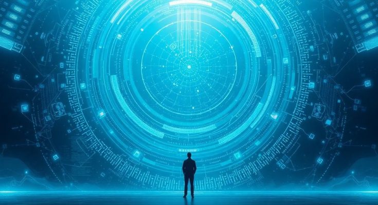Un homme contemplant un paysage futuriste de la technologie et de la société.
