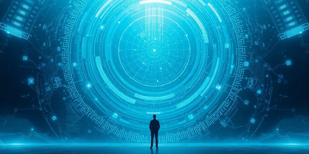 Un homme contemplant un paysage futuriste de la technologie et de la société.