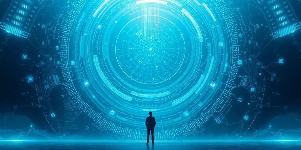 Un homme contemplant un paysage futuriste de la technologie et de la société.