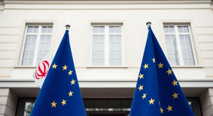 Drapeaux de l'Iran et de l'Europe près d'un bâtiment officiel.