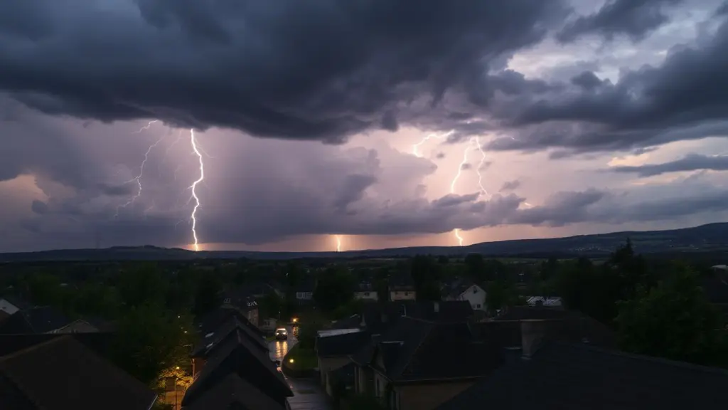 Ciel orageux sur ville française, éclairs, pluie, routes mouillées, vent.