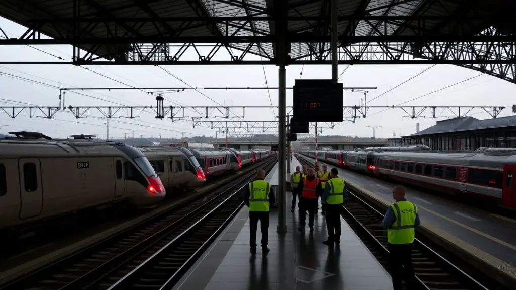 Trains SNCF immobiles, quais vides, agents en gilets fluorescents rassemblés.