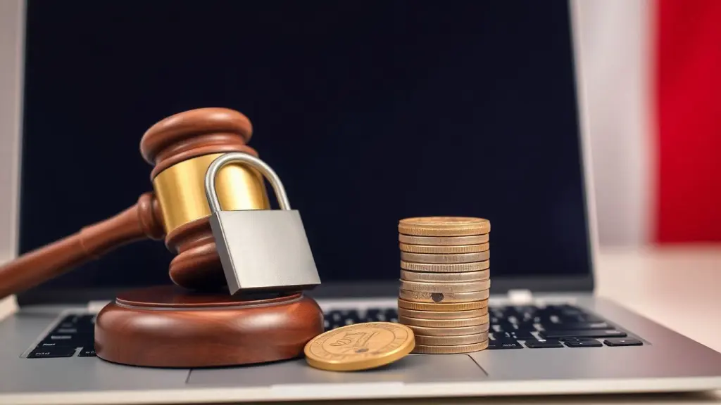 Marteau de juge, cadenas, cookie et euros devant drapeau français.